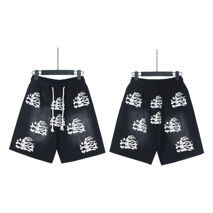 Skull Flame Print Washed Shorts 29043461