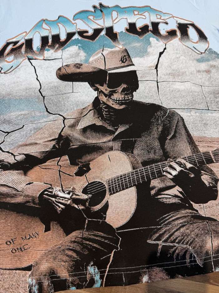 Light blue western cowboy skull guitar double-sided printed T-shirt 29038260