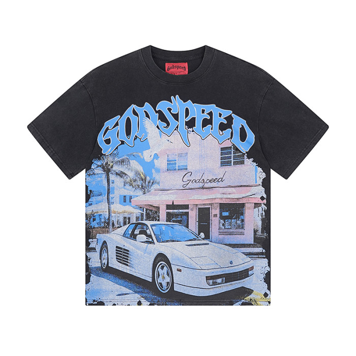 Vintage Black Miami Street Scene Double-sided Printed Short-sleeved T-shirt  29043084