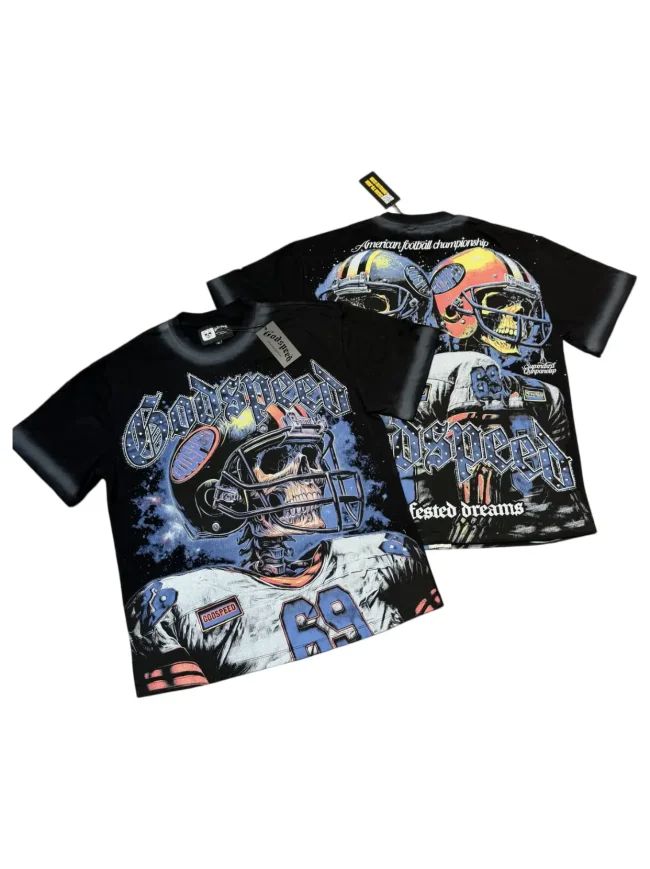 American football skull rhinestone double-sided printed vintage T-shirt 29038206