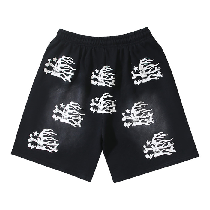 Skull Flame Print Washed Shorts 29043461