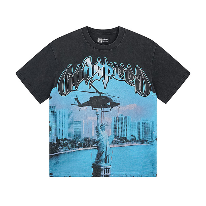 Helicopter Statue of Liberty All-Seeing Eye Black Distressed Short-Sleeve T-Shirt 29045032