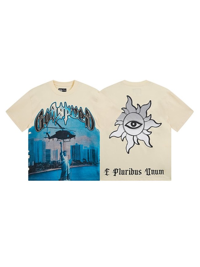 Helicopter Statue of Liberty All-Seeing Eye Beige Short-Sleeve T-Shirt 29044738