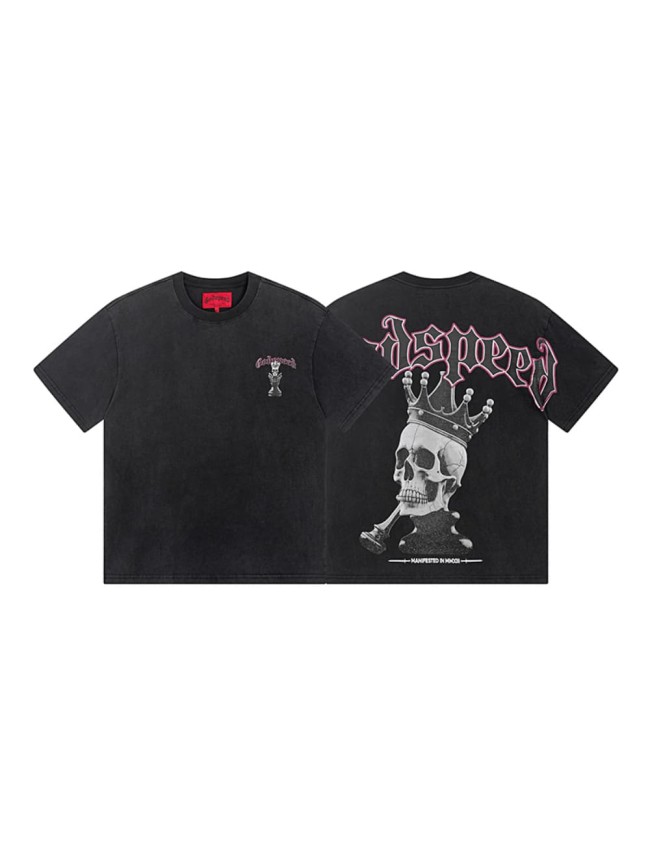 Crown Skull Chess Piece Distressed Washed Double-Sided Printed Short-Sleeve T-Shirt 29044590