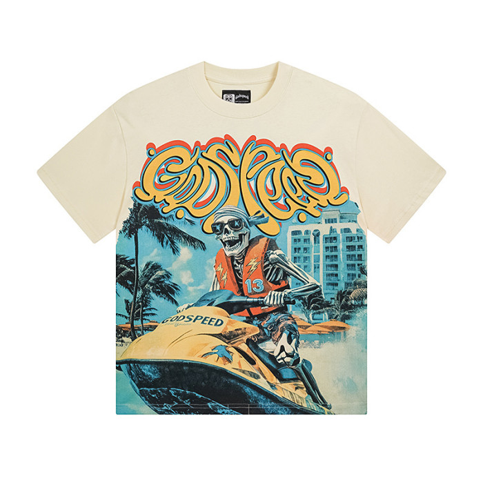 Skeleton Motorboat Beige Double-sided Printed Short-sleeved T-shirt 29044725