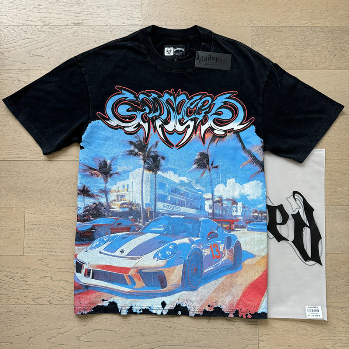 Miami Sports Car All-Seeing Eye Black Distressed Short-Sleeve T-Shirt 29044777