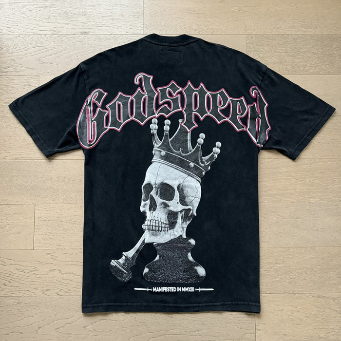 Crown Skull Chess Piece Distressed Washed Double-Sided Printed Short-Sleeve T-Shirt 29044590