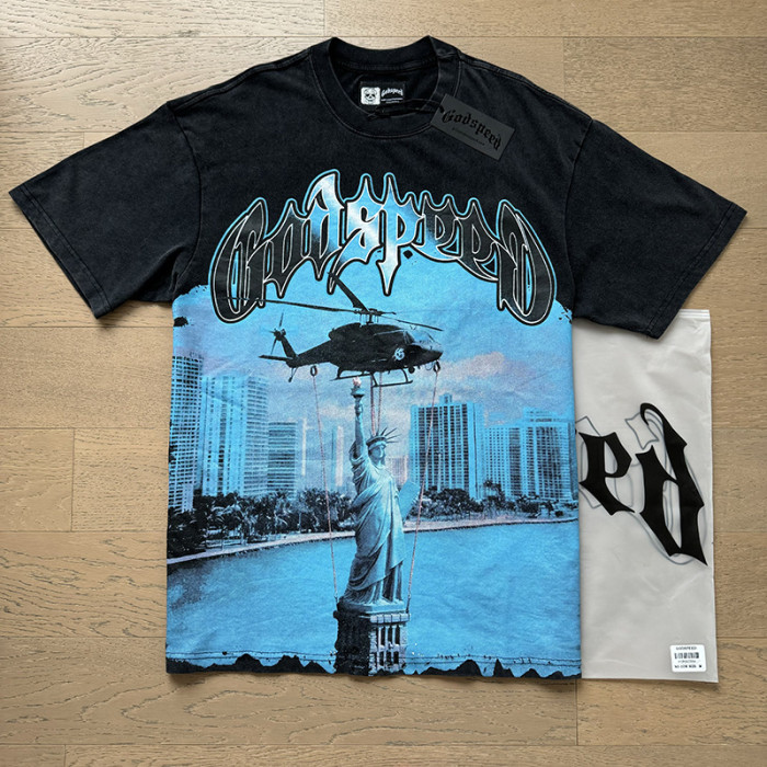 Helicopter Statue of Liberty All-Seeing Eye Black Distressed Short-Sleeve T-Shirt 29045032