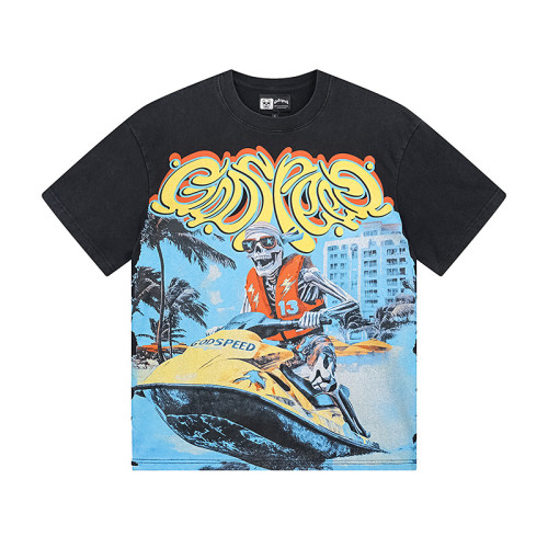 Skeleton motorboat black vintage double-sided printed short-sleeved T-shirt 29044762