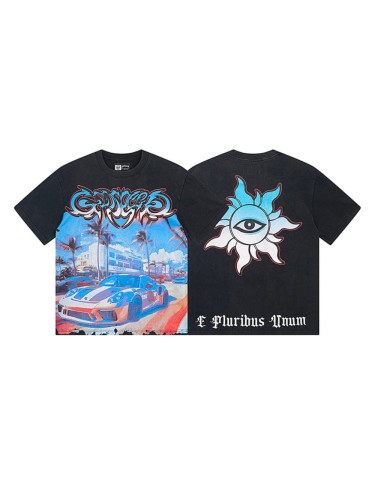 Miami Sports Car All-Seeing Eye Black Distressed Short-Sleeve T-Shirt 29044777