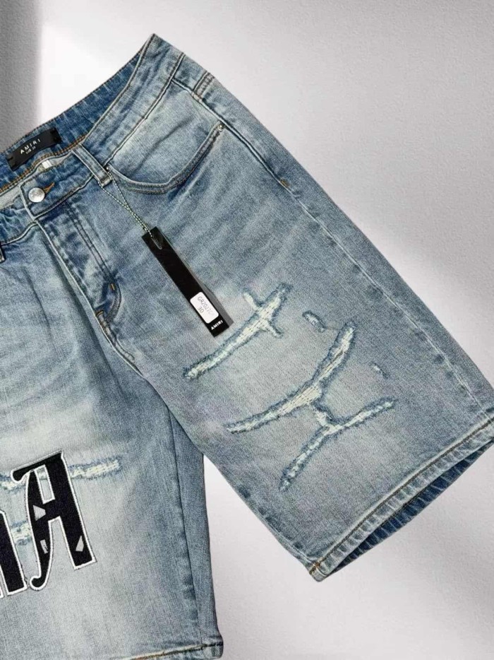 1:1 quality version Gothic Letter Leather Patch Distressed Denim Shorts 29045798