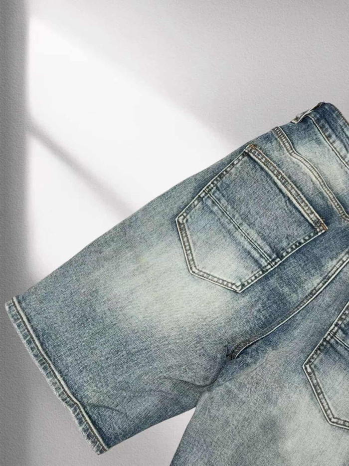 1:1 quality version Vintage Ripped Letter Leather Patch Denim Shorts 29045801