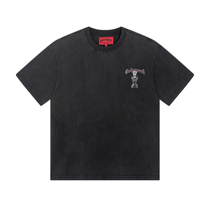 Crown Skull Chess Piece Distressed Washed Double-Sided Printed Short-Sleeve T-Shirt 29044590