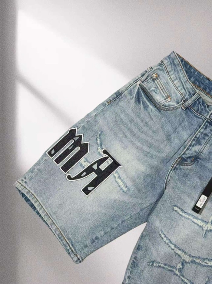 1:1 quality version Gothic Letter Leather Patch Distressed Denim Shorts 29045798