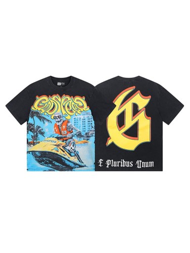 Skeleton motorboat black vintage double-sided printed short-sleeved T-shirt 29044762