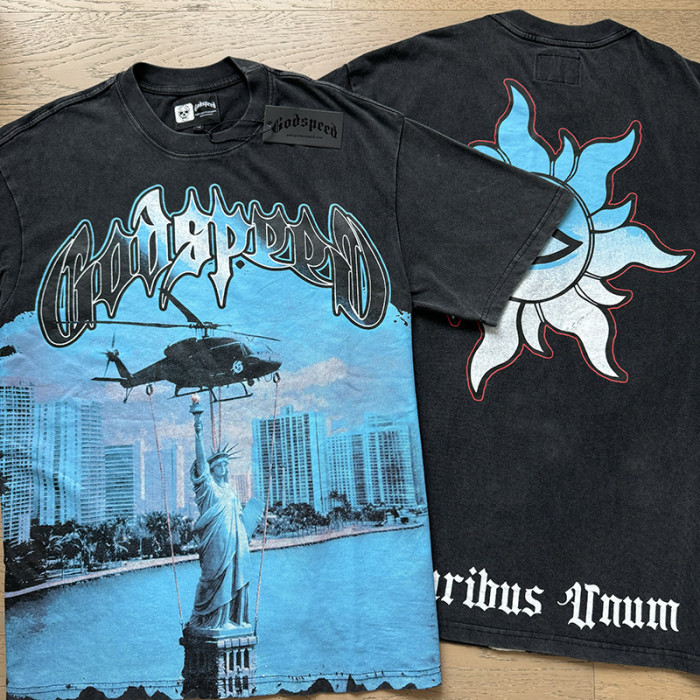 Helicopter Statue of Liberty All-Seeing Eye Black Distressed Short-Sleeve T-Shirt 29045032