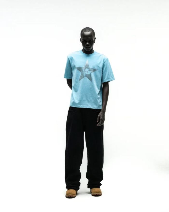 [Big & Tall for weights up to 220 lbs]1:1 quality version Large Pentagram Rhinestone Light Blue Print Tee 29045593