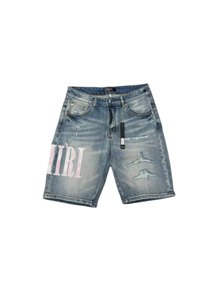 1:1 quality version Pink White Gradient Letter Patch Distressed Denim Shorts 29045797