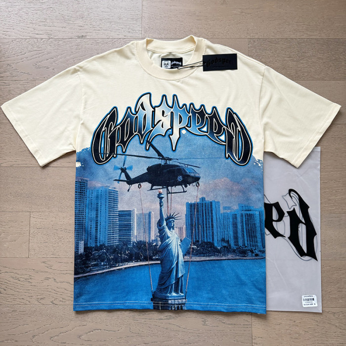 Helicopter Statue of Liberty All-Seeing Eye Beige Short-Sleeve T-Shirt 29044738