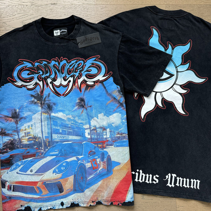 Miami Sports Car All-Seeing Eye Black Distressed Short-Sleeve T-Shirt 29044777