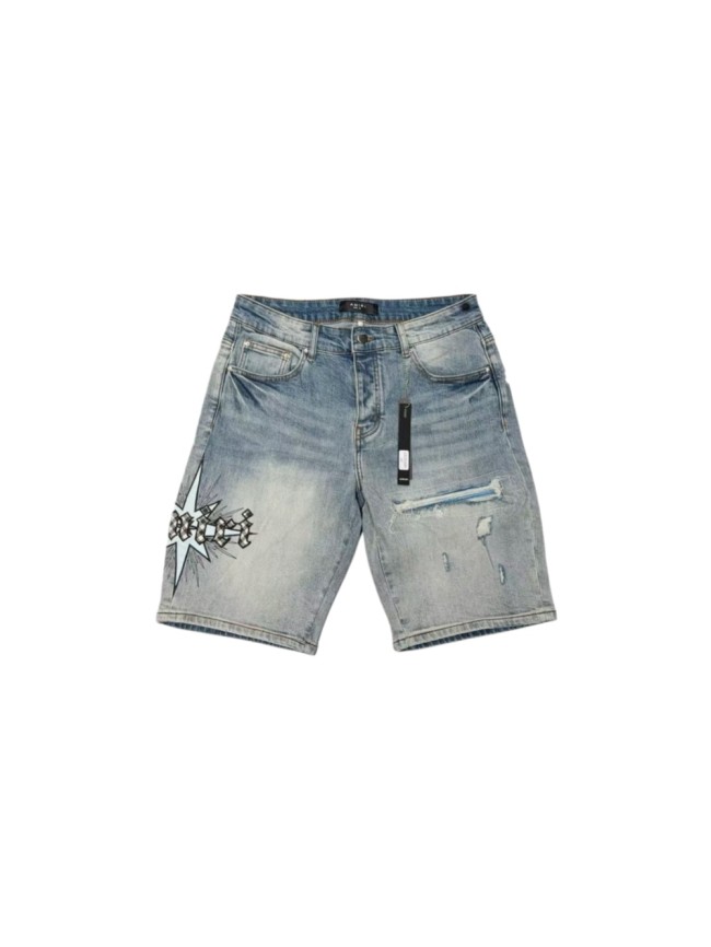 1:1 quality version Star Plaid Letter Ripped Embroidered Denim Shorts 29045800