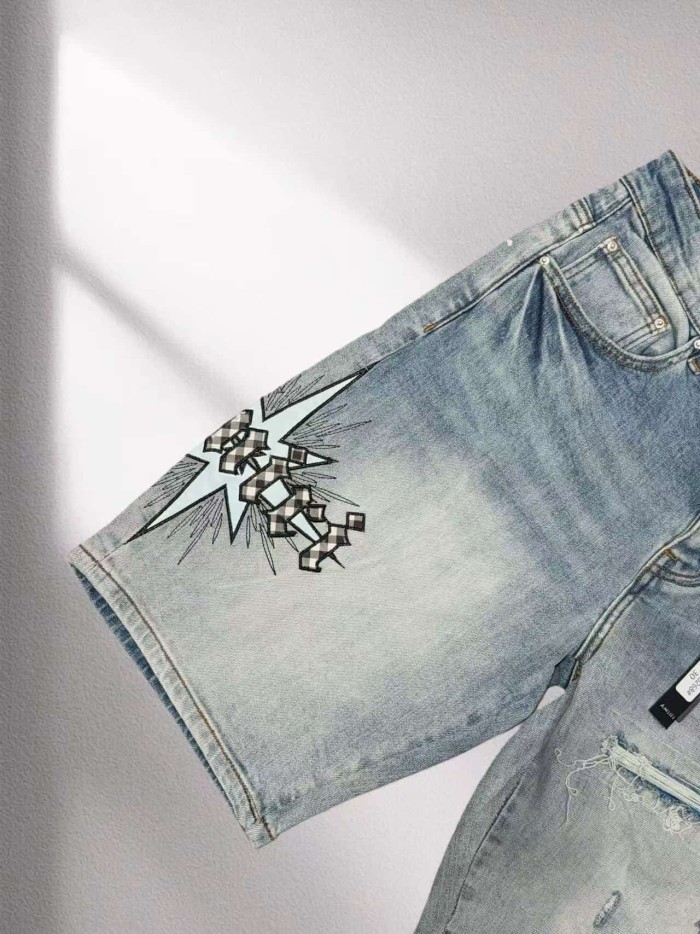 1:1 quality version Star Plaid Letter Ripped Embroidered Denim Shorts 29045800