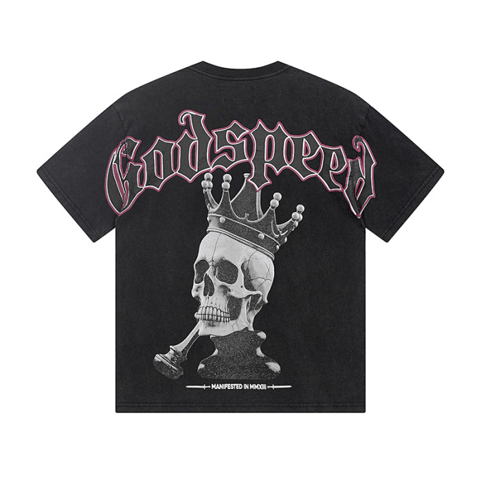 Crown Skull Chess Piece Distressed Washed Double-Sided Printed Short-Sleeve T-Shirt 29044590
