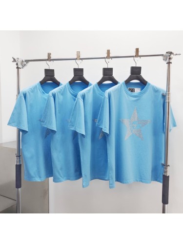 [Big & Tall for weights up to 220 lbs]1:1 quality version Large Pentagram Rhinestone Light Blue Print Tee 29045593