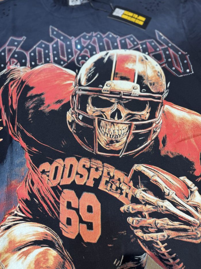 Rugby skull hot-fix rhinestone black vintage short-sleeved T-shirt 29047403