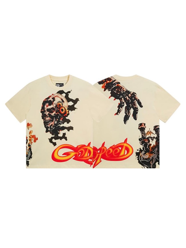 Mechanical skeleton gear flame beige short-sleeved T-shirt 29046903