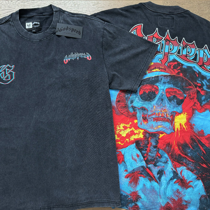 Vacation skull flame black vintage short-sleeved T-shirt 29046917