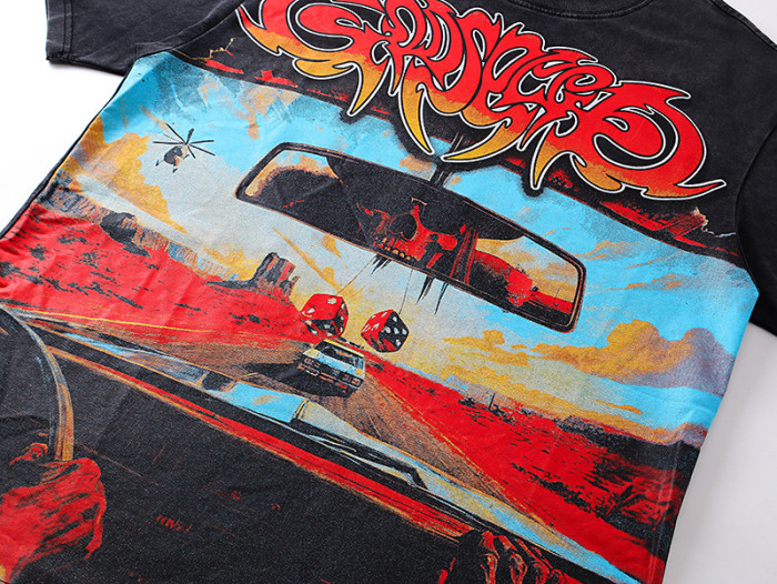 Desert Highway Skeleton Sun Eyes Black Distressed Short-sleeved T-shirt 29046915