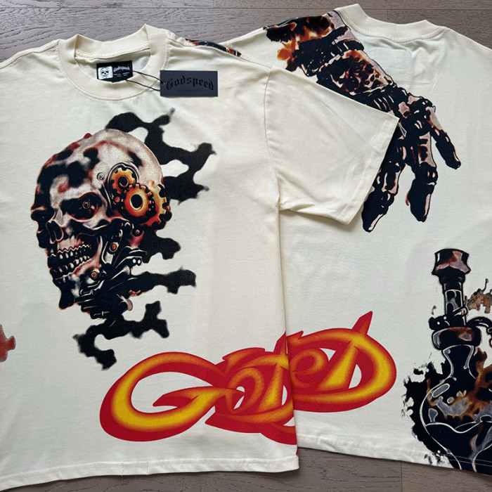 Mechanical skeleton gear flame beige short-sleeved T-shirt 29046903
