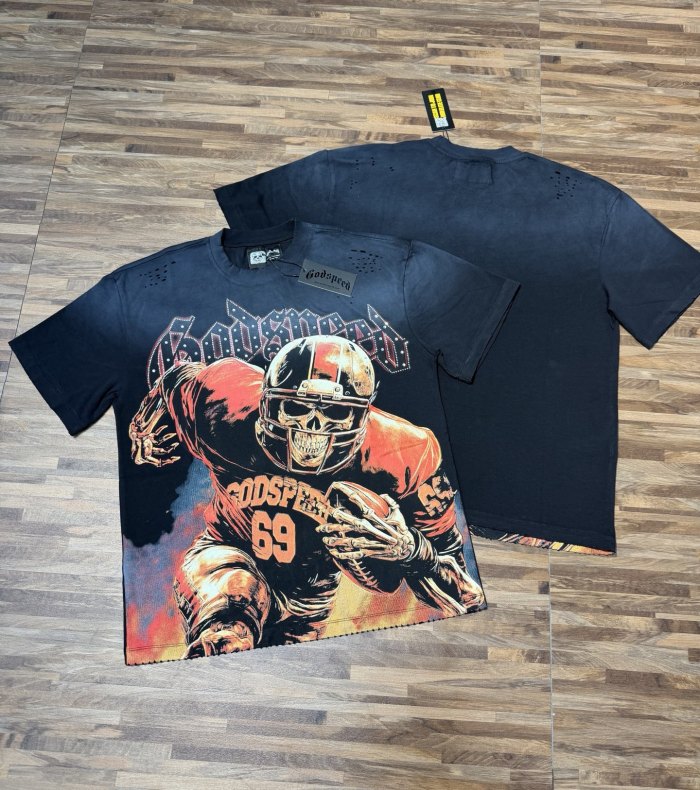 Rugby skull hot-fix rhinestone black vintage short-sleeved T-shirt 29047403