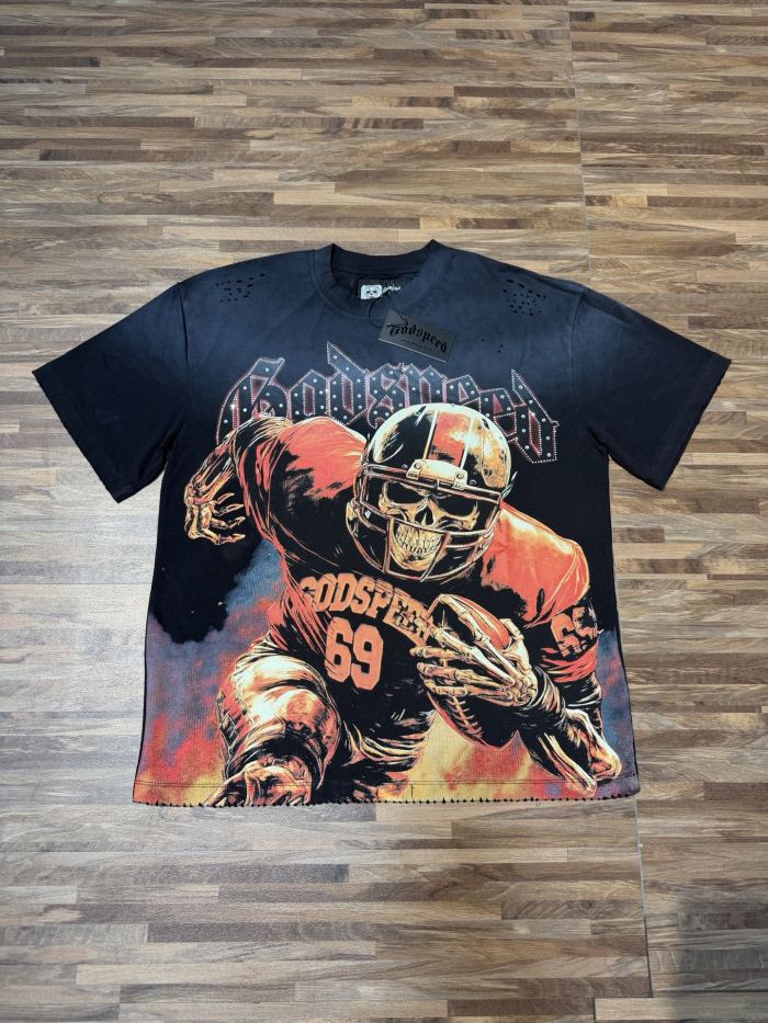 Rugby skull hot-fix rhinestone black vintage short-sleeved T-shirt 29047403