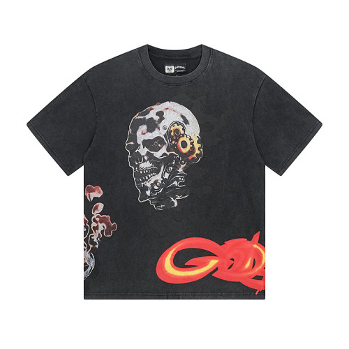 Mechanical skeleton gear flame-aged black short-sleeved T-shirt 29046891
