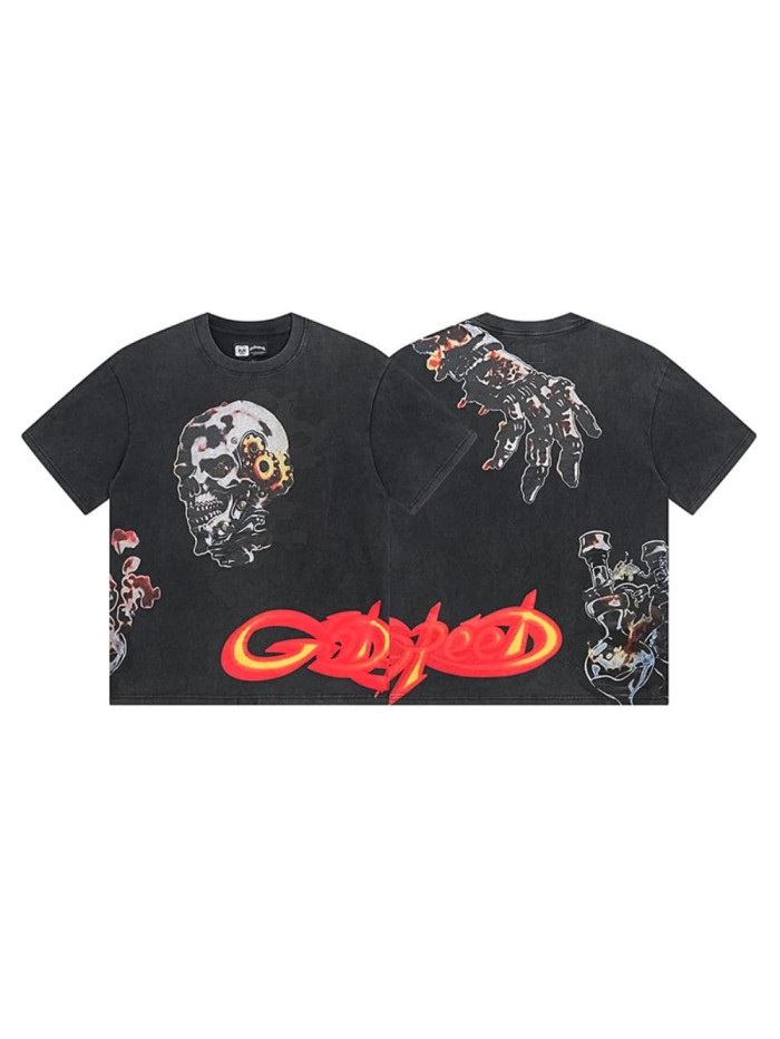 Mechanical skeleton gear flame-aged black short-sleeved T-shirt 29046891