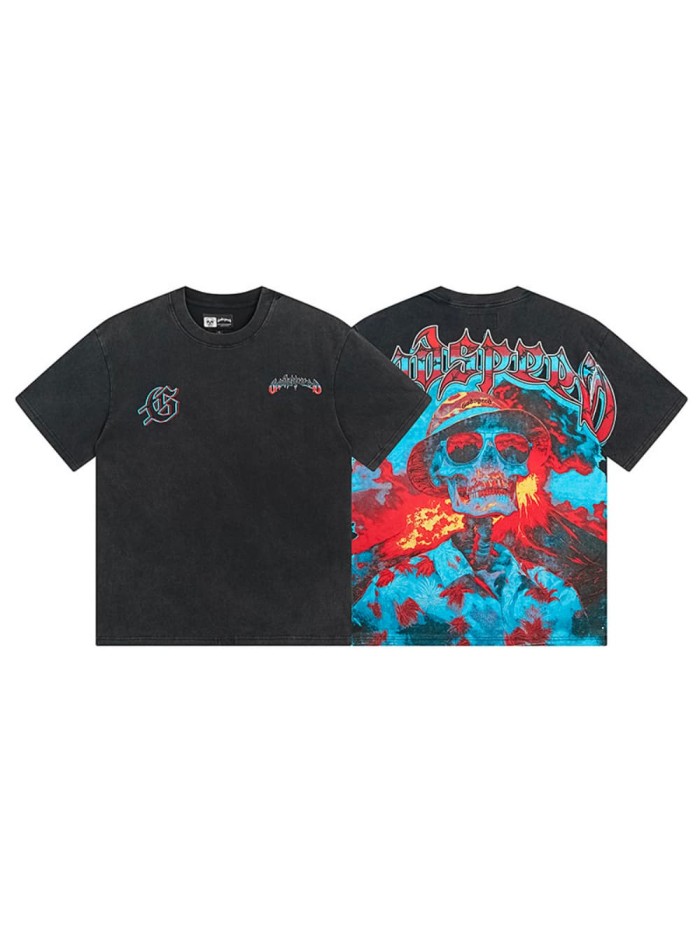 Vacation skull flame black vintage short-sleeved T-shirt 29046917