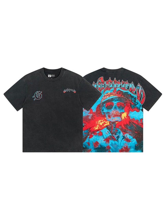 Vacation skull flame black vintage short-sleeved T-shirt 29046917