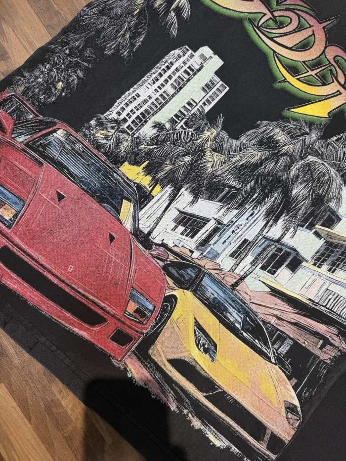 Miami Sports Car G Black Distressed Short-sleeved T-shirt 29047441