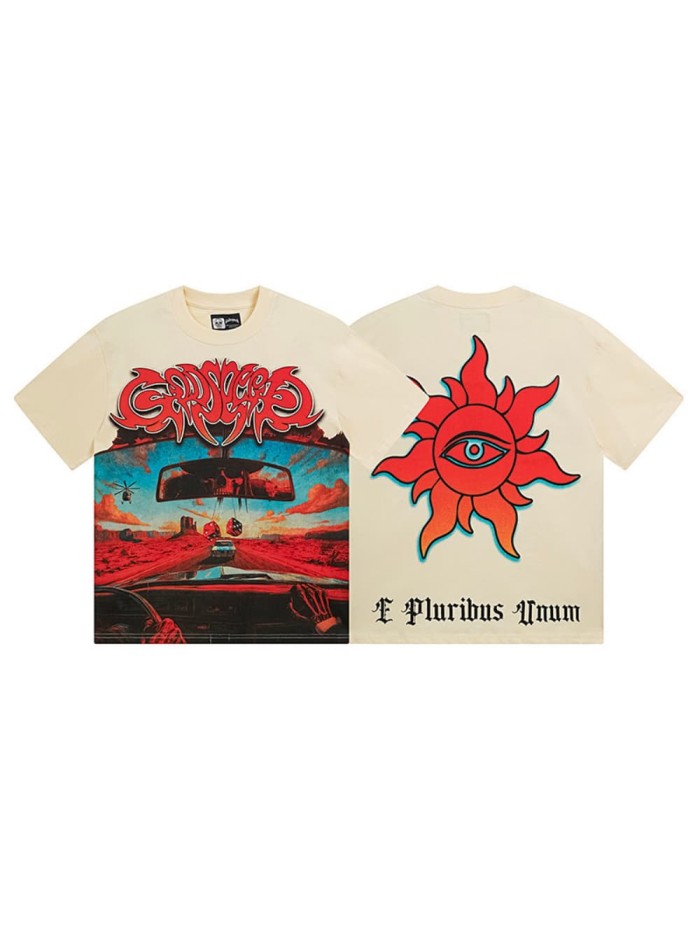 Desert Highway Skeleton Sun Eyes Beige Short-sleeved T-shirt 29046911