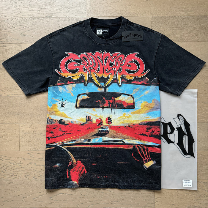Desert Highway Skeleton Sun Eyes Black Distressed Short-sleeved T-shirt 29046915