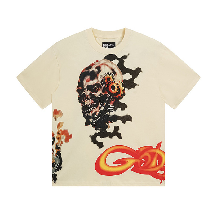 Mechanical skeleton gear flame beige short-sleeved T-shirt 29046903