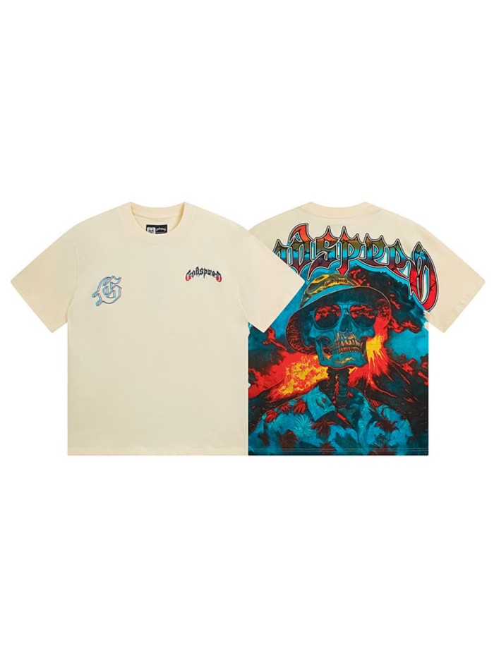 Vacation Skull Flame Beige Short-sleeved T-shirt 29046914