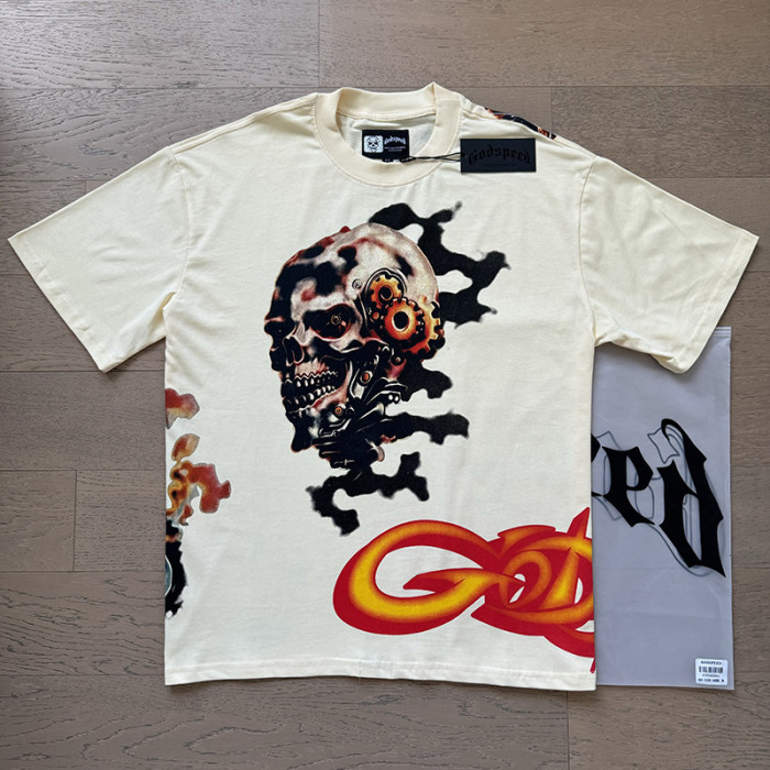 Mechanical skeleton gear flame beige short-sleeved T-shirt 29046903