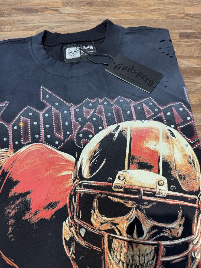 Rugby skull hot-fix rhinestone black vintage short-sleeved T-shirt 29047403