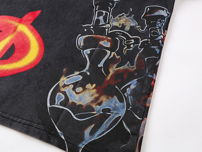 Mechanical skeleton gear flame-aged black short-sleeved T-shirt 29046891