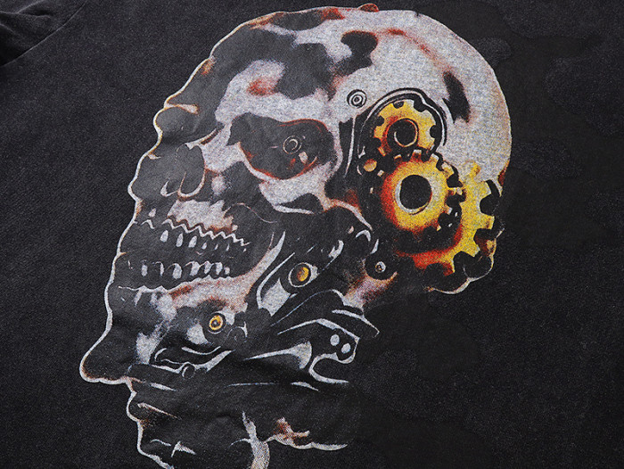 Mechanical skeleton gear flame-aged black short-sleeved T-shirt 29046891