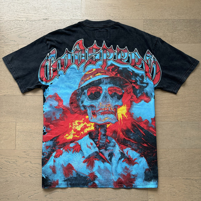 Vacation skull flame black vintage short-sleeved T-shirt 29046917