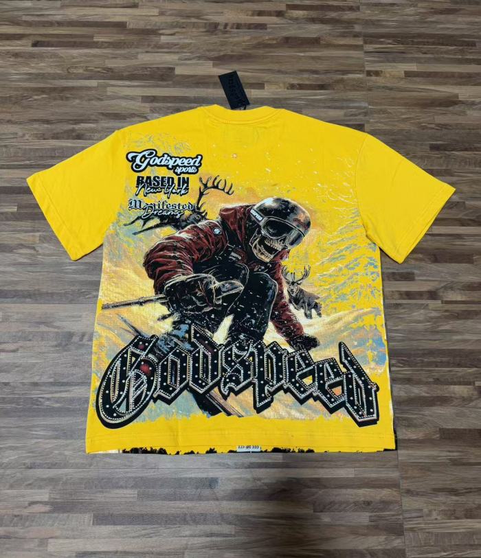 Skiing skull hot-fix rhinestone letters yellow double-sided printed short-sleeved T-shirt 29051353